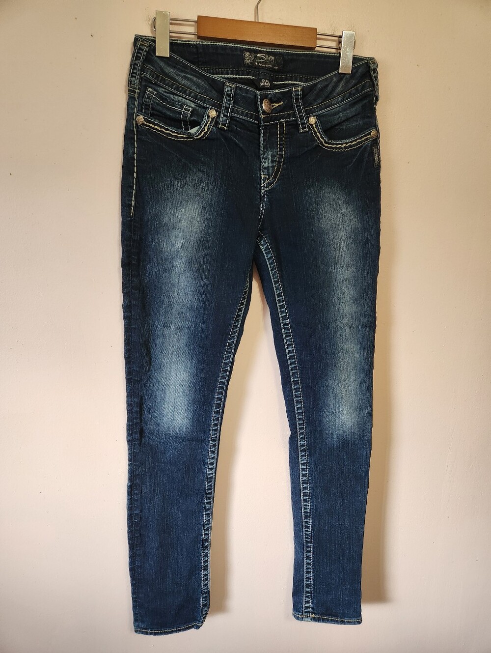 Silver Jeans Co Suki Skinny Dark Wash Contrast Stitch Y2K Western W28 L31